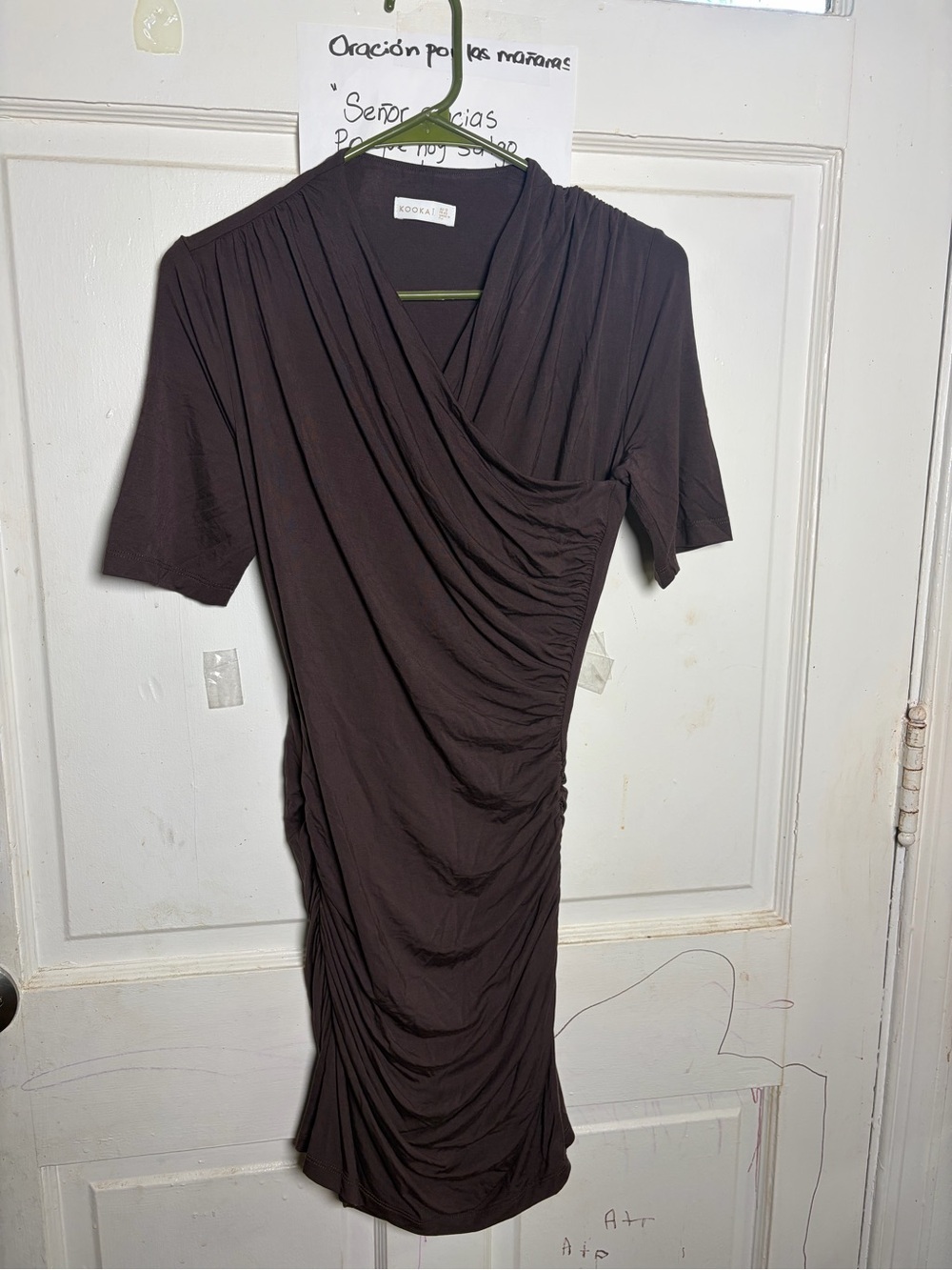 Kookai Chocolate Brown Ruched Wrap Midi Dress